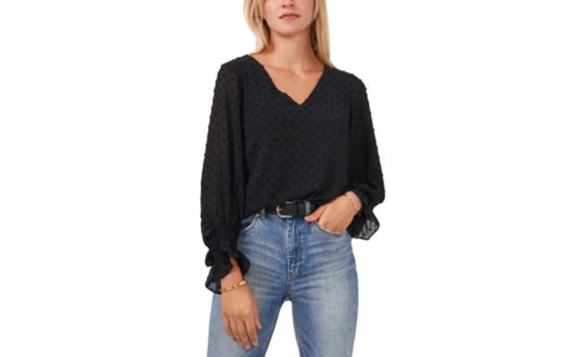  Long Sleeve Smock Cuff Clip Dot V-Neck Blouse, Rich Black, Medium