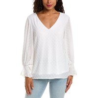 Vince Camuto Long Sleeve Smock Cuff Clip Dot V-Neck Blouse, White, Small
