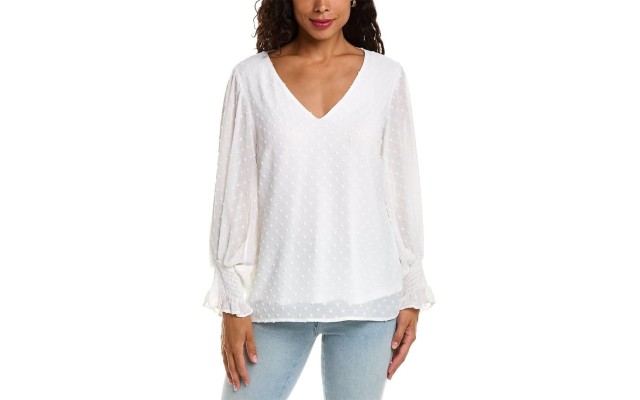  Long Sleeve Smock Cuff Clip Dot V-Neck Blouse, White, X-Small