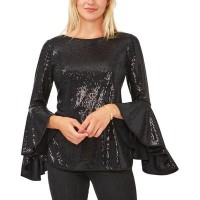 Vince Camuto Metallic Knit Flutter Sleeve Top – Rich Black, Small