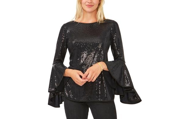  Metallic Knit Flutter Sleeve Top – Rich Black, Small