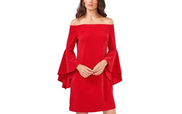  Off-the-shoulder Flutter-sleev Vermillion XLarge, Red.