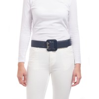 Vince Camuto Snake Embossed Covered Buckle Stretch Belt, Navy