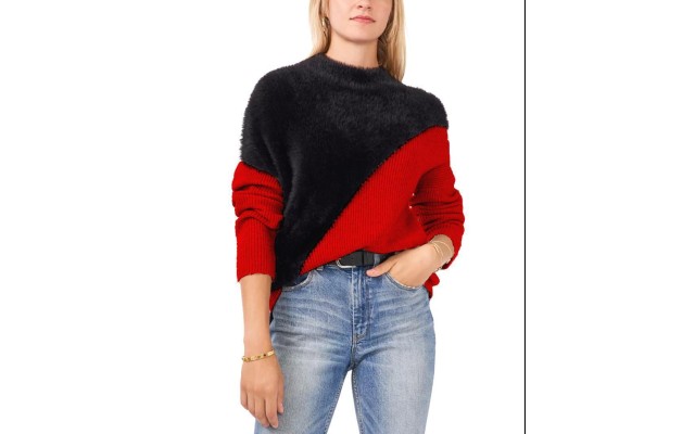  Womens Asymmetrical Colorblocked Sweater, Black/Red, Large