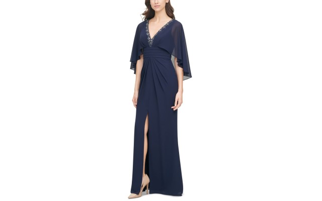  Womens Beaded Neckline Capelet Gown, Navy/8