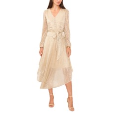 Vince Camuto Women’s Belted Sheer Sleeve Metallic Dress – Gold, Large