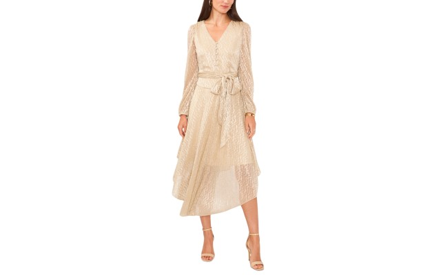  Women’s Belted Sheer Sleeve Metallic Dress – Gold, Large