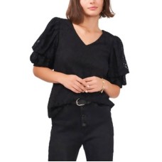 Vince Camuto Womens Black Lace Pouf Sleeve V Neck Top ,Small