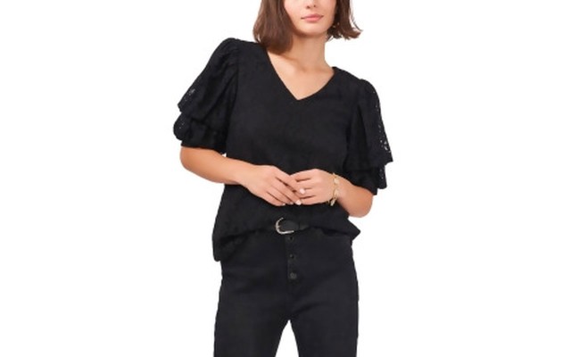  Womens Black Lace Pouf Sleeve V Neck Top ,Small