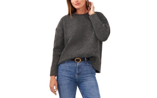  Women’s Crew Neck with Waffle Stretch Sweaters, Heather Grey, X-Large