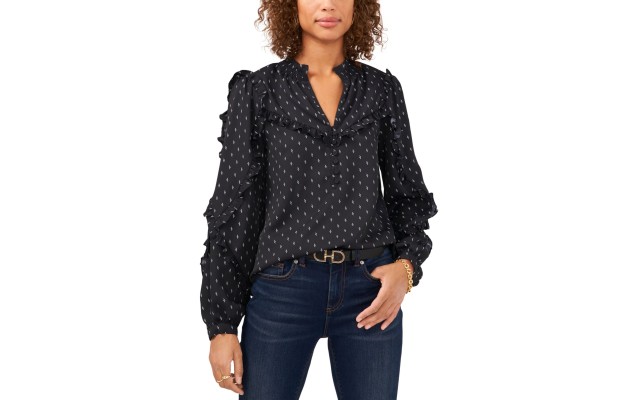  Women’s Dot Fleck Ruffle Blouse, Charcoal, Small
