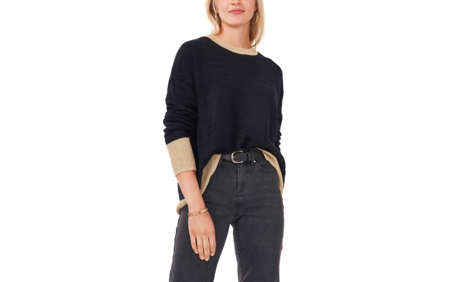  Womens Edged Crewneck Sweater, Black, M