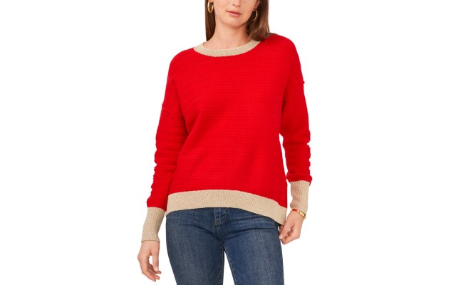  Womens Edged Crewneck Sweater, Red, M