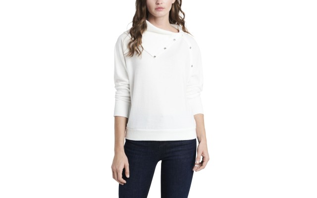  Womens Foldover Neck Long Sleeve Top, White, XS