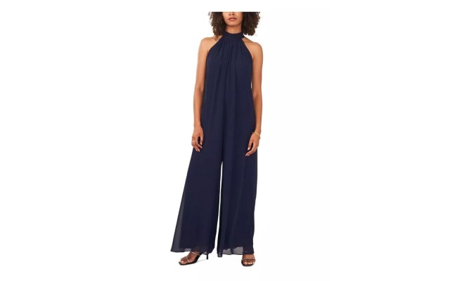  Women’s Halter Tie-Back Wide-Leg Jumpsuit, Navy ,X-Large