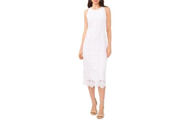  Womens Lace Sleeveless Midi Dress, White, Large