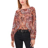 Vince Camuto Womens Metallic Paisley Keyhole Blouse, Light Orange, XS