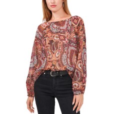 Vince Camuto Womens Metallic Paisley Keyhole Blouse, Light Orange, XS