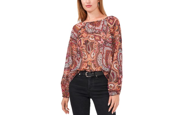  Womens Metallic Paisley Keyhole Blouse, Light Orange, XS