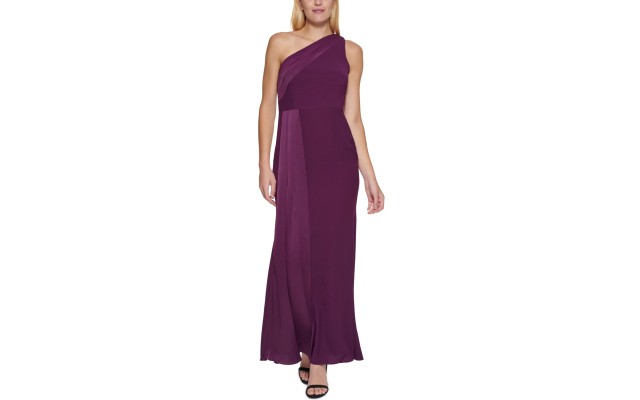  Womens One-Shoulder Side-Pleated Gown Dress, Purple/10