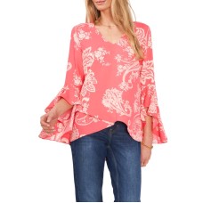 Vince Camuto Women’s Paisley Flutter Sleeve V-neck Blouse – Lush Coral, Small