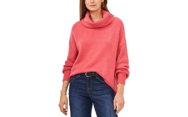  Women’s Pointelle Turtleneck Sweater, Carmine Pink, Large