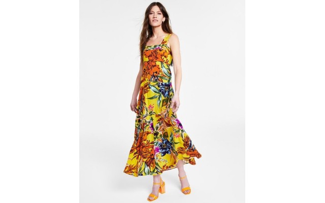  Women’s Printed Tiered Smocked-Back Challis Maxi Dress, Rust, X-Large