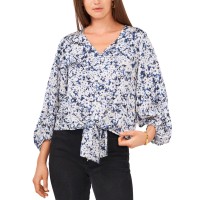 Vince Camuto Womens Rivieria Printed Tie-Front Top, Blue, S