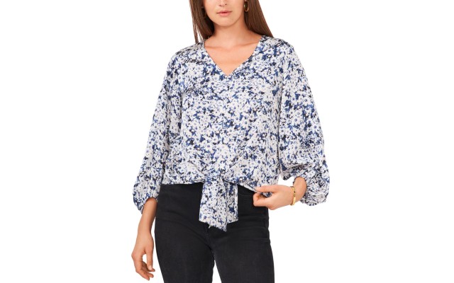  Womens Rivieria Printed Tie-Front Top, Blue, S