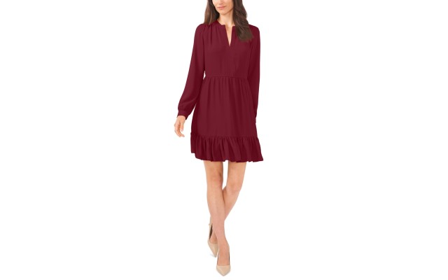  Women’s Ruched Flounce Dress, Merlot, XXS