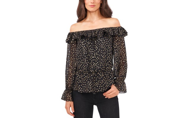  Women’s Ruffled Off-The-Shoulder Blouse, Black, X-Small