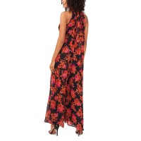 Vince Camuto Women’s Sleeveless Pleated Floral Halter Jumpsuit, Black, Large