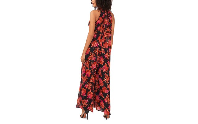  Women’s Sleeveless Pleated Floral Halter Jumpsuit, Black, Large