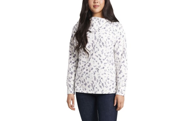  Women’s Snake Print Foldover Neck Cotton Blend Top, Pearl Ivory, Small