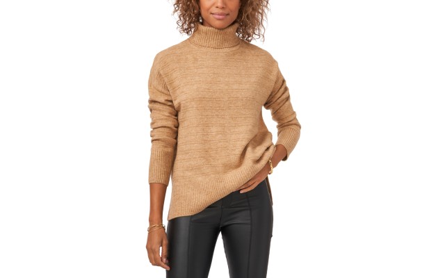 Women’s Textured Turtleneck Drop-Shoulder Sweater – Latte Heather, X-Large