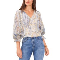 Vince Camuto Womens V-Neck Balloon-Sleeve Blouse, Cream Multi, X-Small