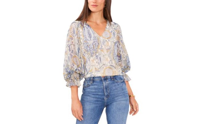  Womens V-Neck Balloon-Sleeve Blouse, Cream Multi, X-Small