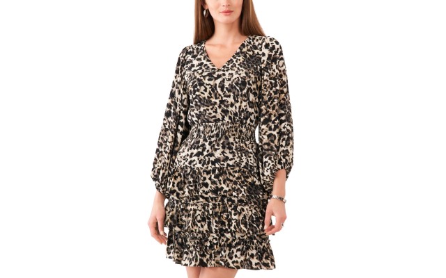  Women’s V-Neck Balloon-Sleeve Tiered Dress – Natural Taupe, Medium