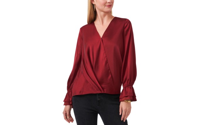  Women’s Wrap Front Double Cuff Blouse, Earth Red, Large