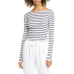  Striped Women's Ribbed Boatneck Cotton Sweater, Optic White/Marine, Large
