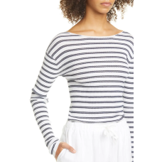 Vince Striped Women's Ribbed Boatneck Cotton Sweater, Optic White/Marine, Large