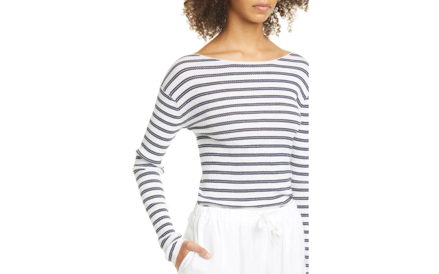  Striped Women's Ribbed Boatneck Cotton Sweater, Optic White/Marine, Large
