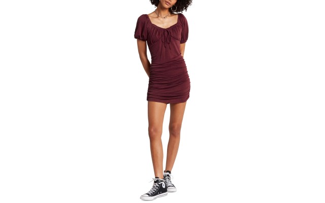  Juniors’ Shore Shook Ruched Mini Dress, Brown, Medium