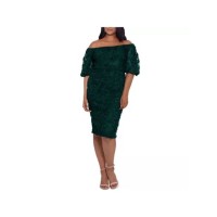 Xscape Womens Green Stretch Lace Zippered Elbow Sleeve Off Shoulder Below The Knee Formal Sheath Dress 10
