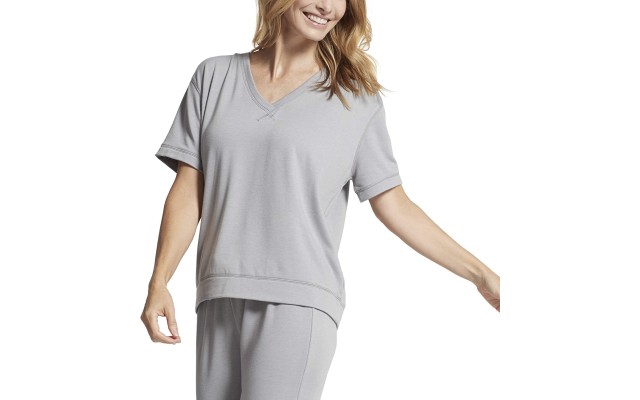 womens French Terry V-neck Drop Lounge Shoulder Tee Night Shirt, Weathered Grey, Medium