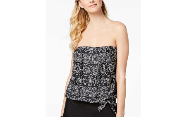 24th & Ocean Women's Spot On Printed Side-Tie Bandeau Top Swimsuits, Black, Small