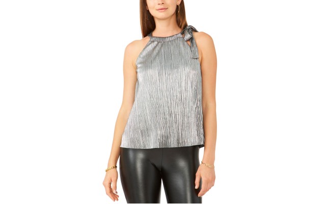 28th & Park Womens Juniors’ Foil Pleated Halter Top, Silver/XS