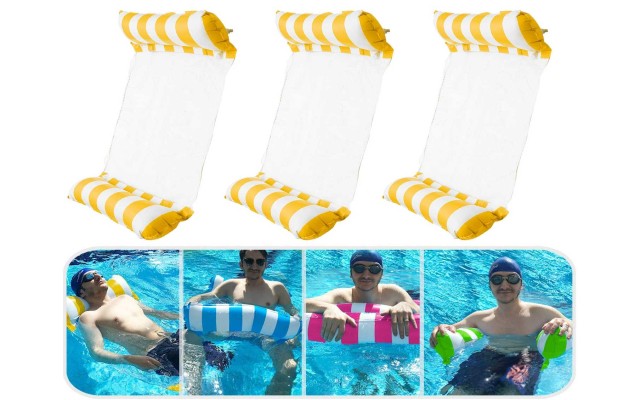 3 Pack Premium Inflatable Aqua Portable Summer Water Hammock Bed, Chair, Lounger Float for Adults, 3 x Yellow