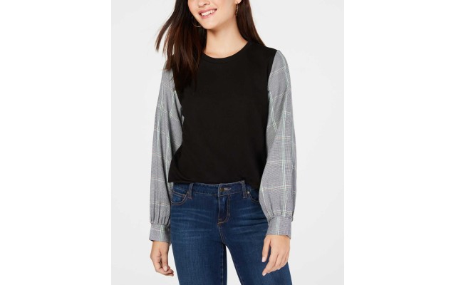  Womens Juniors’ Mixed Media Sweatshirts, Black, Small