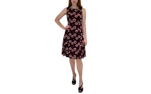  Womens Godet Lace Fit & Flare Dress, Pink/ Burgundy, 2